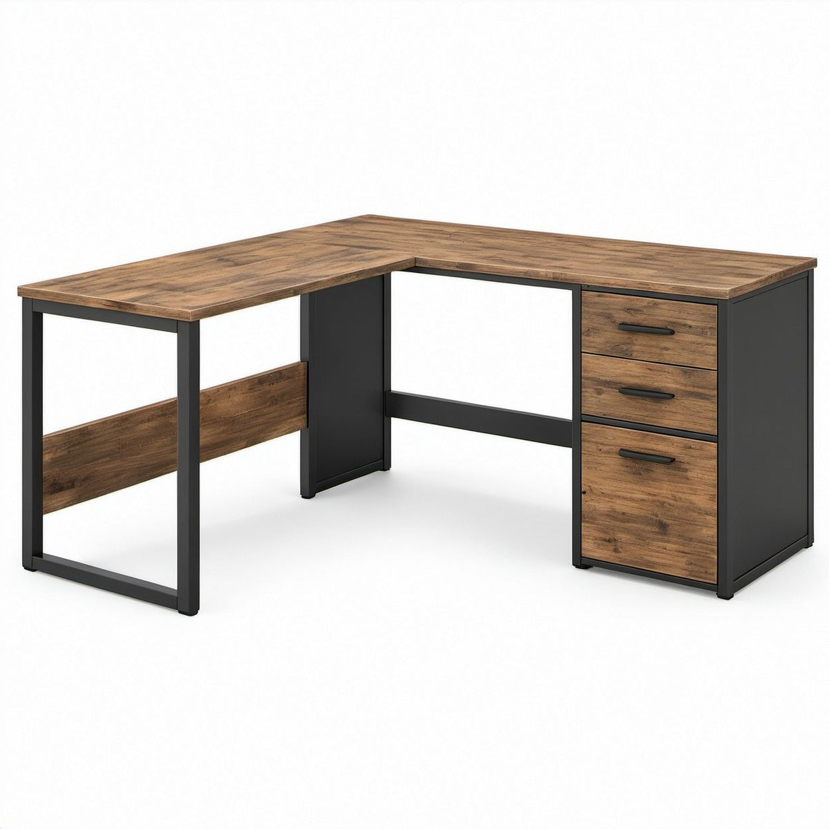 L-Shaped Computer Desk with 3 Drawers, Rustic Brown and Black, 55 x 55 x 29.5 in