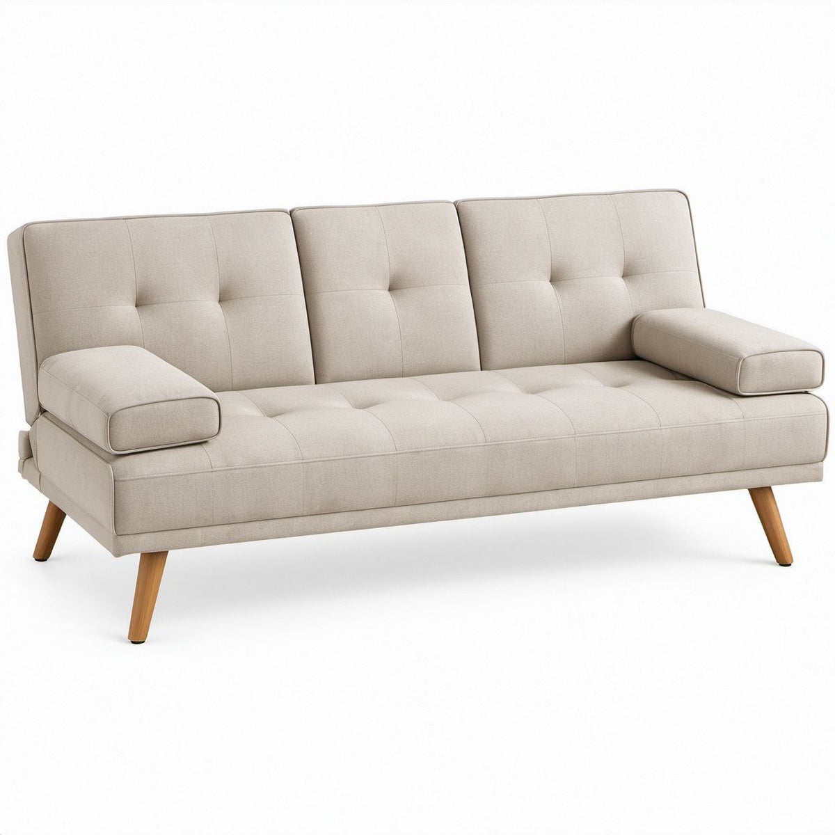 Beige Three-Seat Polyester Upholstered Sofa with Natural Brown Wood Legs, 83 x 33 x 34 in