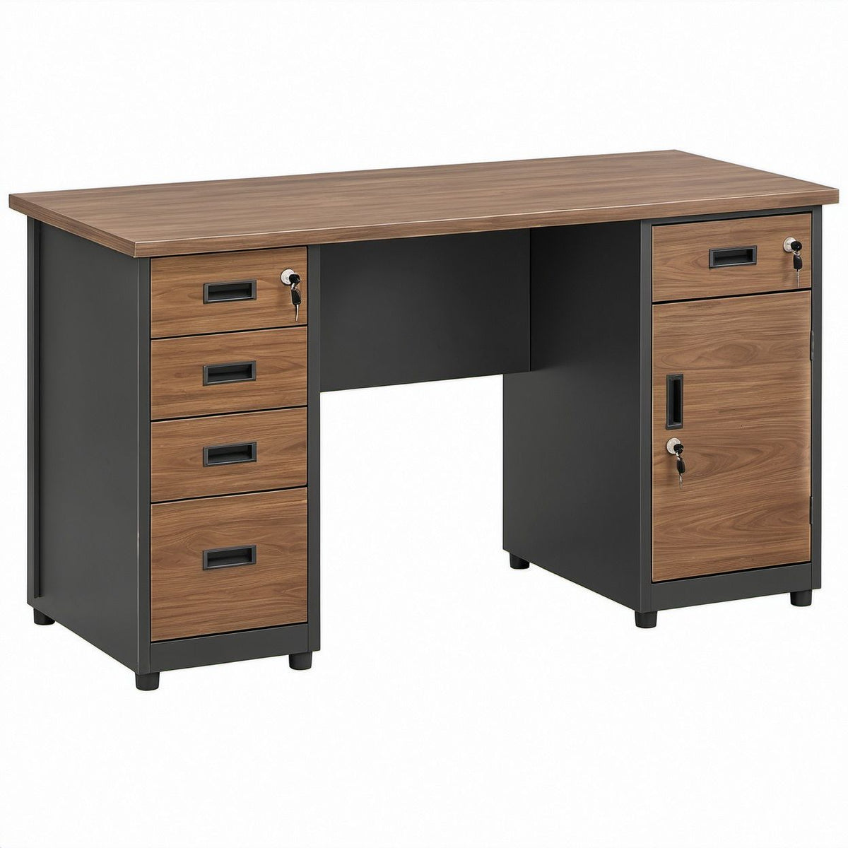60 x 30 x 30 in Walnut and Black Steel Desk with 5 Drawers and Lockable Cabinet