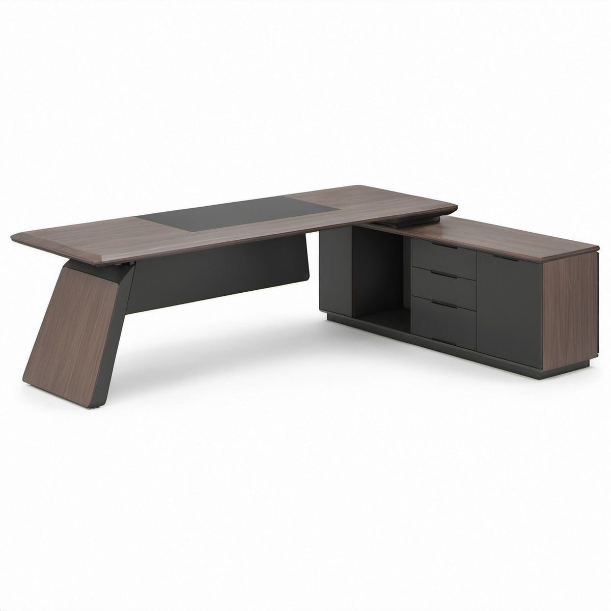 L-Shaped Executive Office Desk with Storage Return, 78.7 x 63 x 29.5 in, Walnut Brown/Black