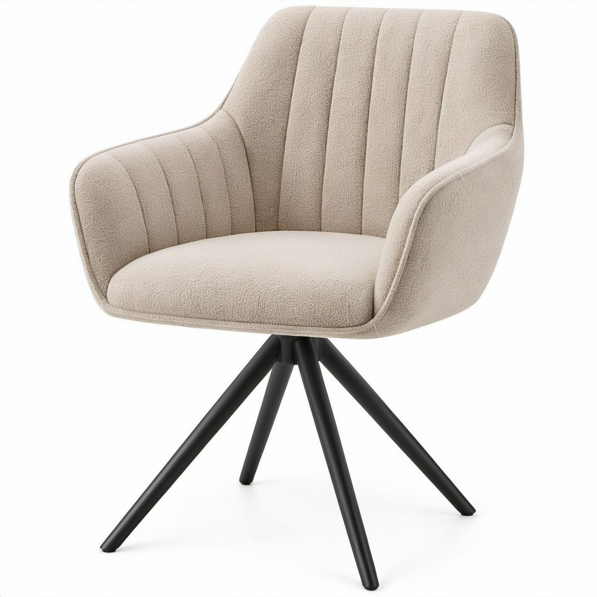 Beige Boucle Upholstered Dining Chair with Arms, Black Steel Four-Leg Base, 24.4 x 23.6 x 33.5 in