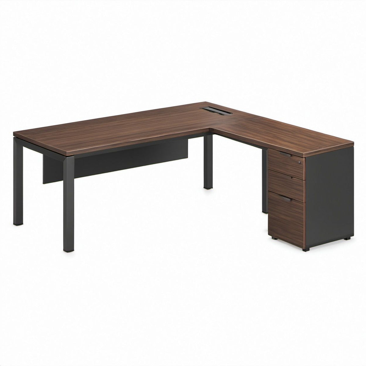 L-Shaped Office Desk with 3-Drawer Pedestal, Walnut and Black, 63 x 63 x 29.5 in