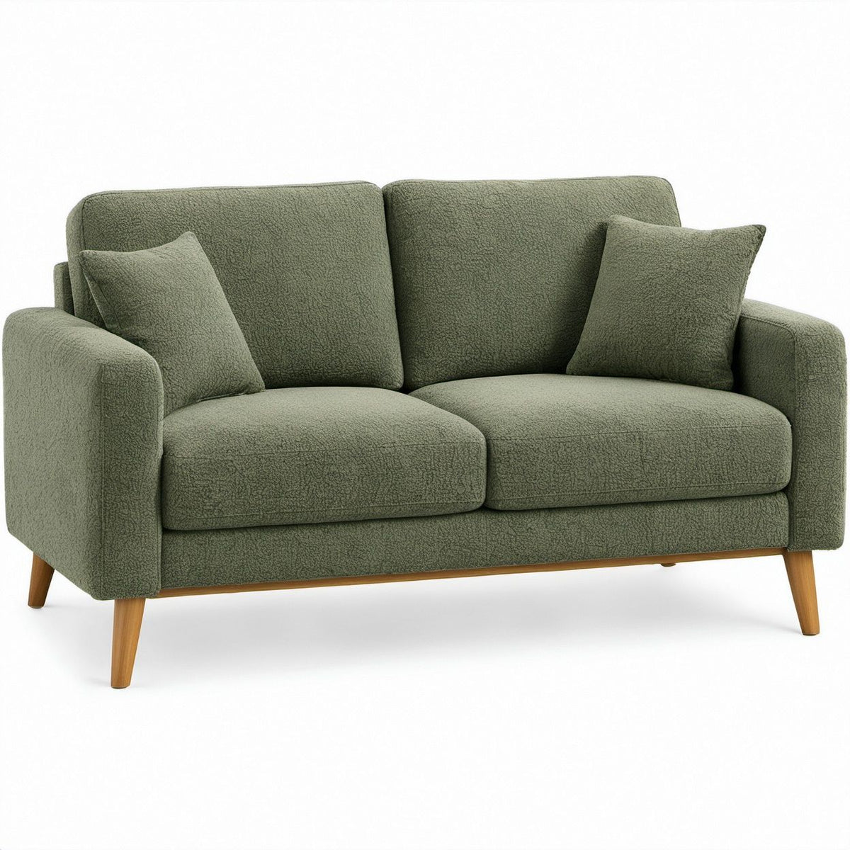 Olive Green Bouclé Upholstered 2-Seat Loveseat with Natural Wood Legs, 57 x 33 x 34 in
