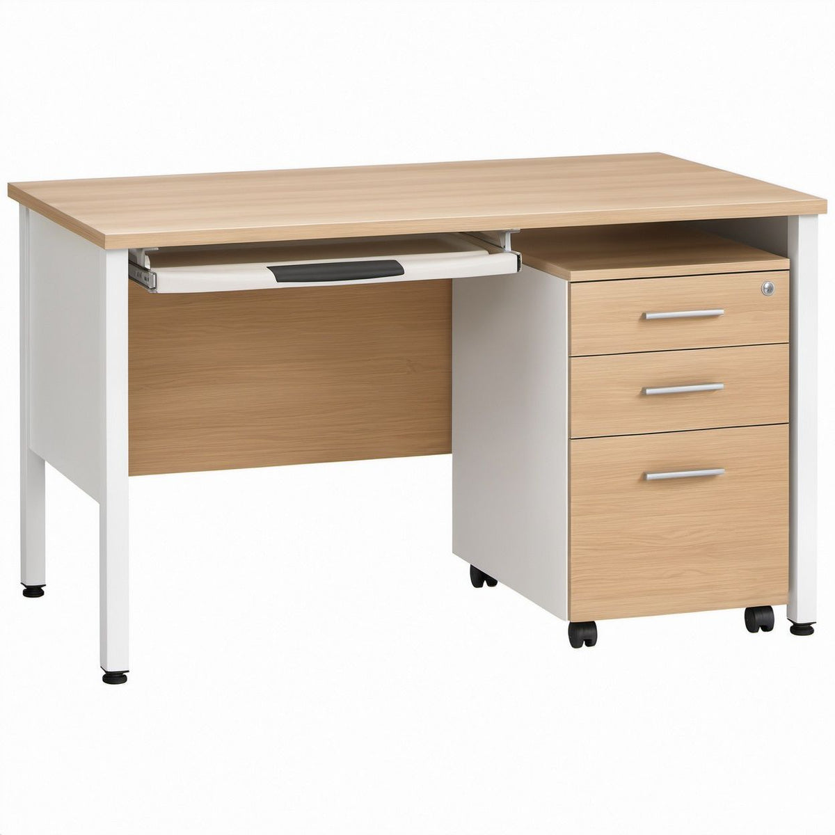 47.2 x 23.6 x 29.5 in Light Oak and White Computer Desk with Keyboard Tray and 3-Drawer Rolling Cabinet