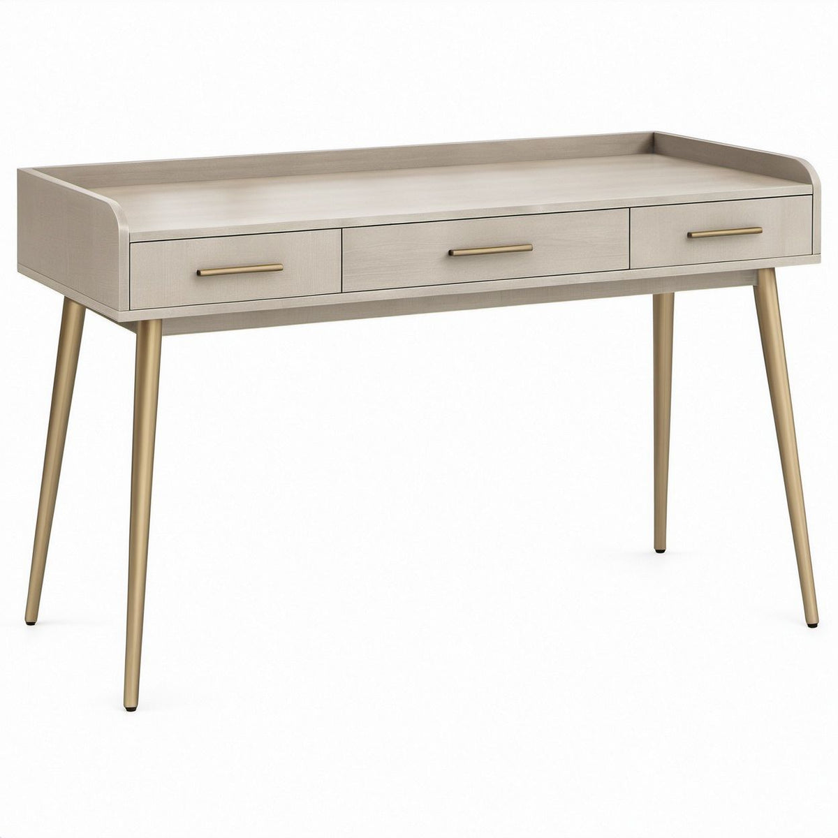 Rectangular Light Beige and Brass Desk, 48 x 24 x 30 in, 3 Drawers