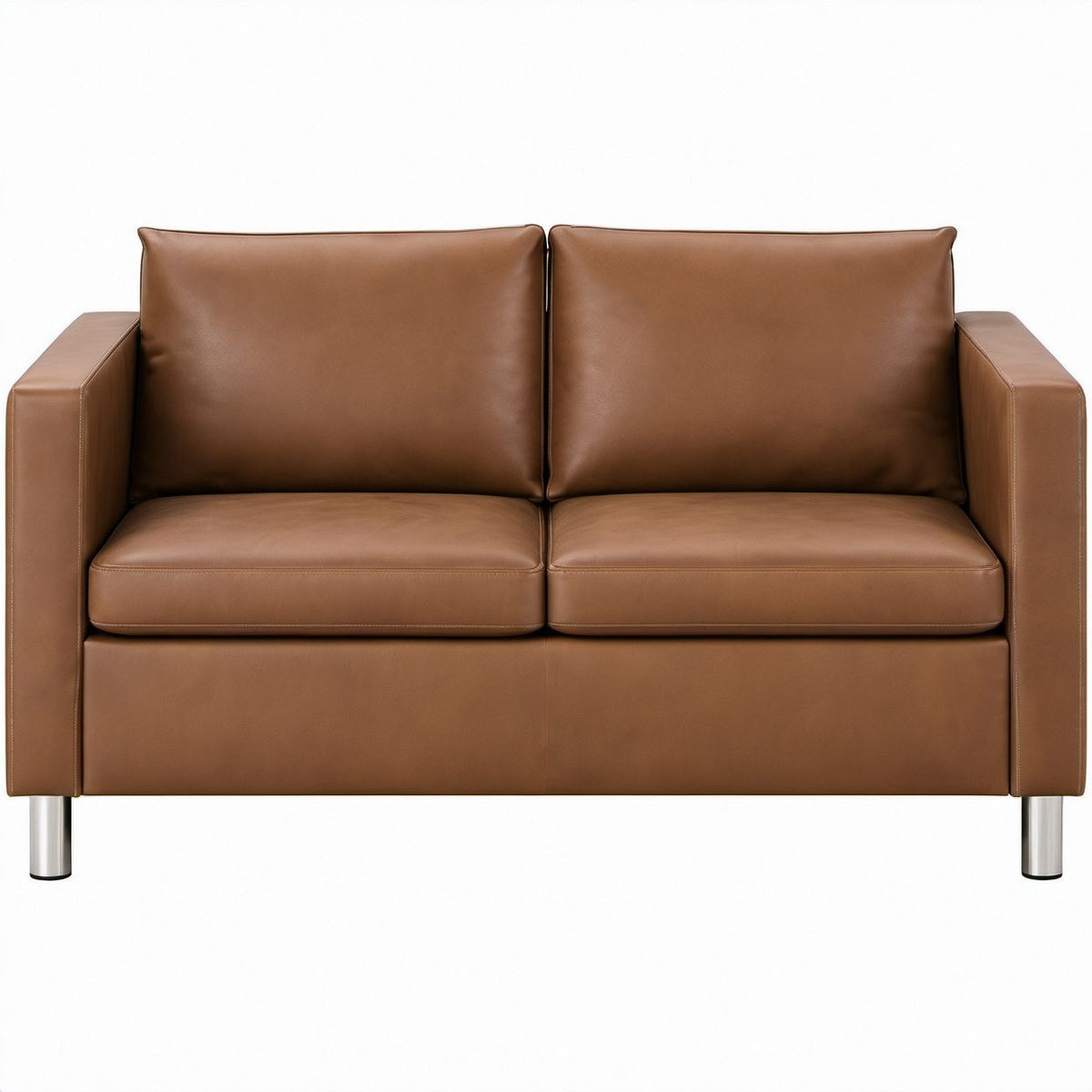 Contemporary Brown PU Leather Loveseat with Silver Stainless Steel Legs, 62 x 35 x 34 in