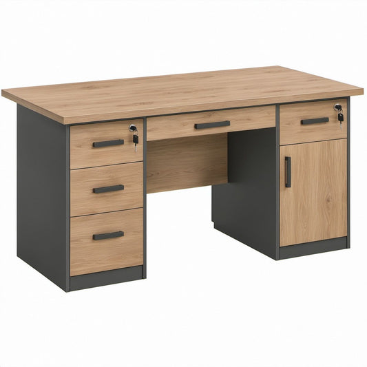Oak and Black 140 x 60 x 75 cm Rectangular Office Desk with 5 Drawers and Lockable Storage Cabinet