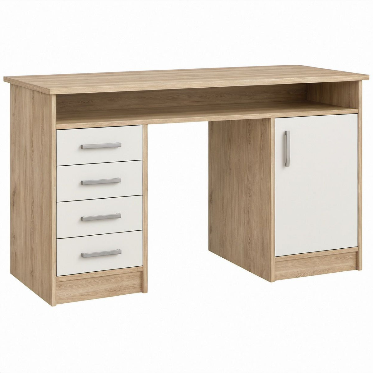 Oak and White Computer Desk with 4 Drawers, Storage Cabinet and Open Shelf, 47.2 x 23.6 x 29.5 in.