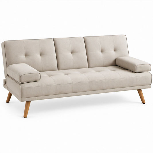 Beige Three-Seat Polyester Upholstered Sofa with Natural Brown Wood Legs, 83 x 33 x 34 in