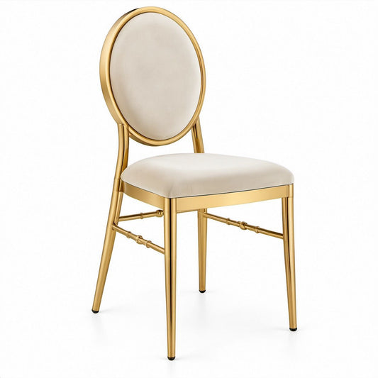 Round Back Dining Chair, Gold Steel Frame with Ivory Polyester Upholstery, 19 x 22 x 38 in