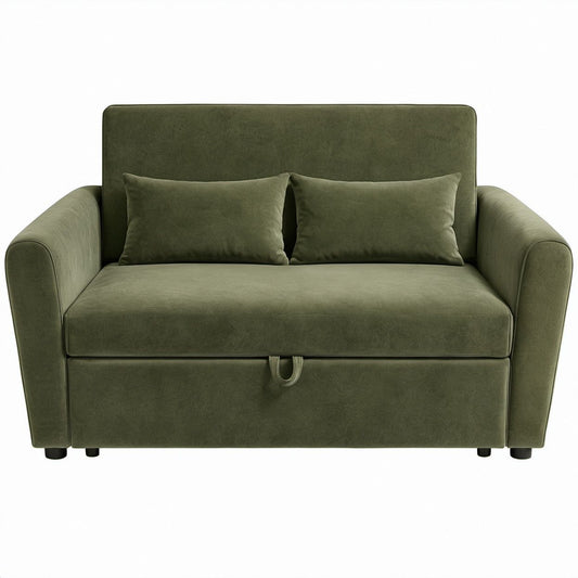 Olive Green Velvet Pull-Out Loveseat Sleeper Sofa with 43.3 x 74.8 in Sleeping Surface, 55.1 x 34.6 x 33.5 in