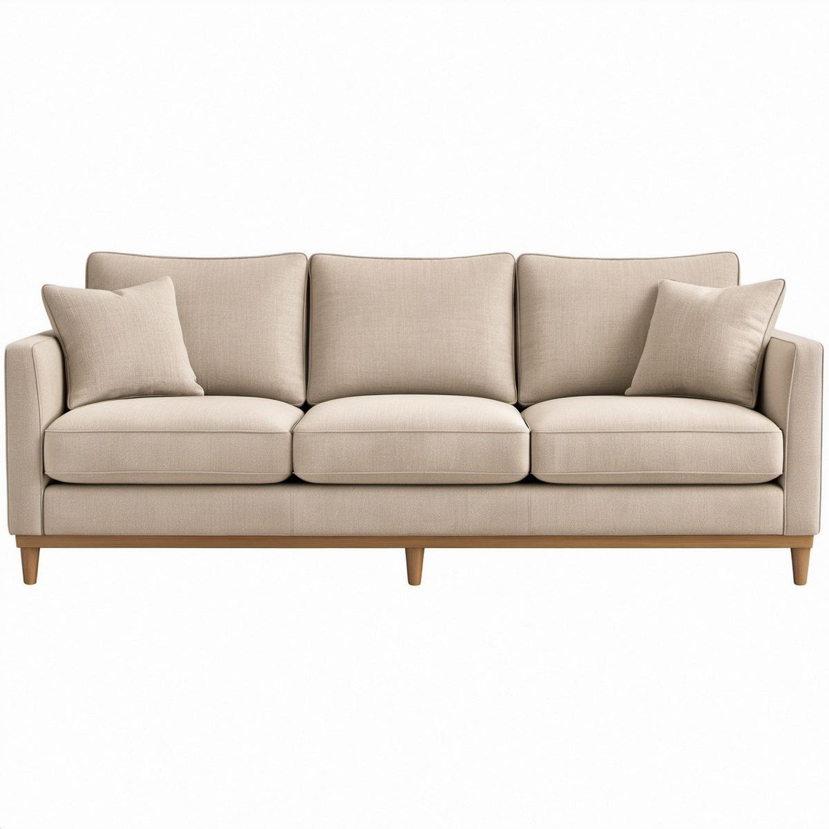 3-Seat Beige Polyester Upholstered Sofa with Natural Brown Rubberwood Legs, 84 x 35 x 34 in