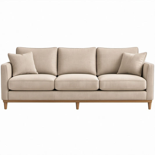 3-Seat Beige Polyester Upholstered Sofa with Natural Brown Rubberwood Legs, 84 x 35 x 34 in