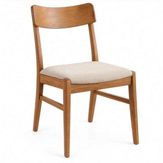Curved Solid Oak Dining Chair with Beige Polyester Upholstered Seat, 18 x 21 x 31.5 in