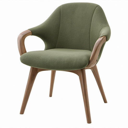 Curved Armchair, Olive Green Polyester Upholstery, Walnut Brown Rubberwood Frame, 24 x 25 x 33 in