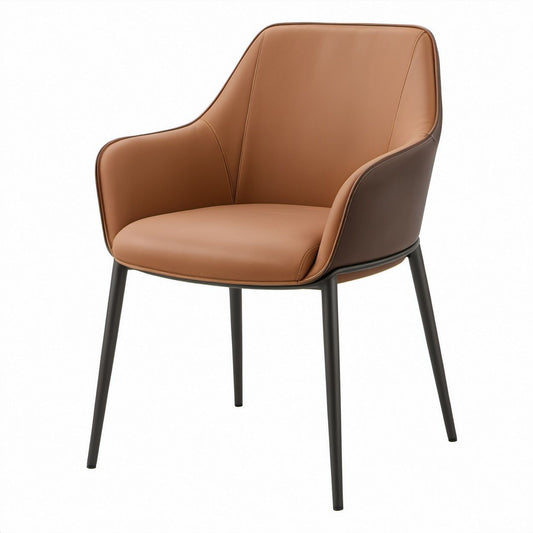 Contemporary Brown PU Leather Dining Armchair with Black Steel Legs, 23.6 x 24 x 33.5 in