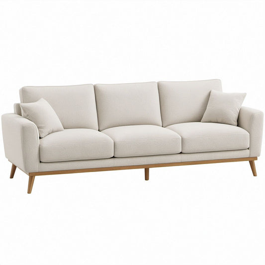 84 in 3-Seat Ivory Boucle Sofa with Natural Brown Rubberwood Legs