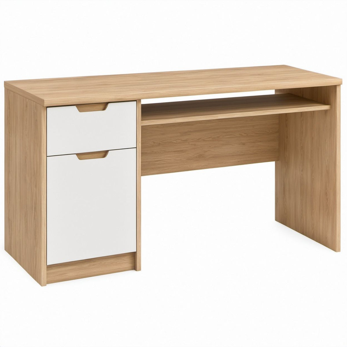 47.2 in Rectangular Computer Desk, Natural Oak and White Engineered Wood, 2 Drawers and Open Shelf