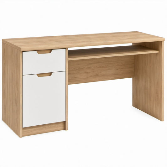 47.2 in Rectangular Computer Desk, Natural Oak and White Engineered Wood, 2 Drawers and Open Shelf