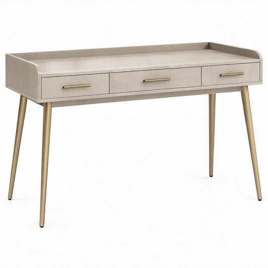 Rectangular Light Beige and Brass Desk, 48 x 24 x 30 in, 3 Drawers