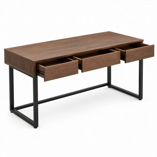 60 x 30 x 30 in Walnut Brown and Black Writing Desk with 3 Drawers