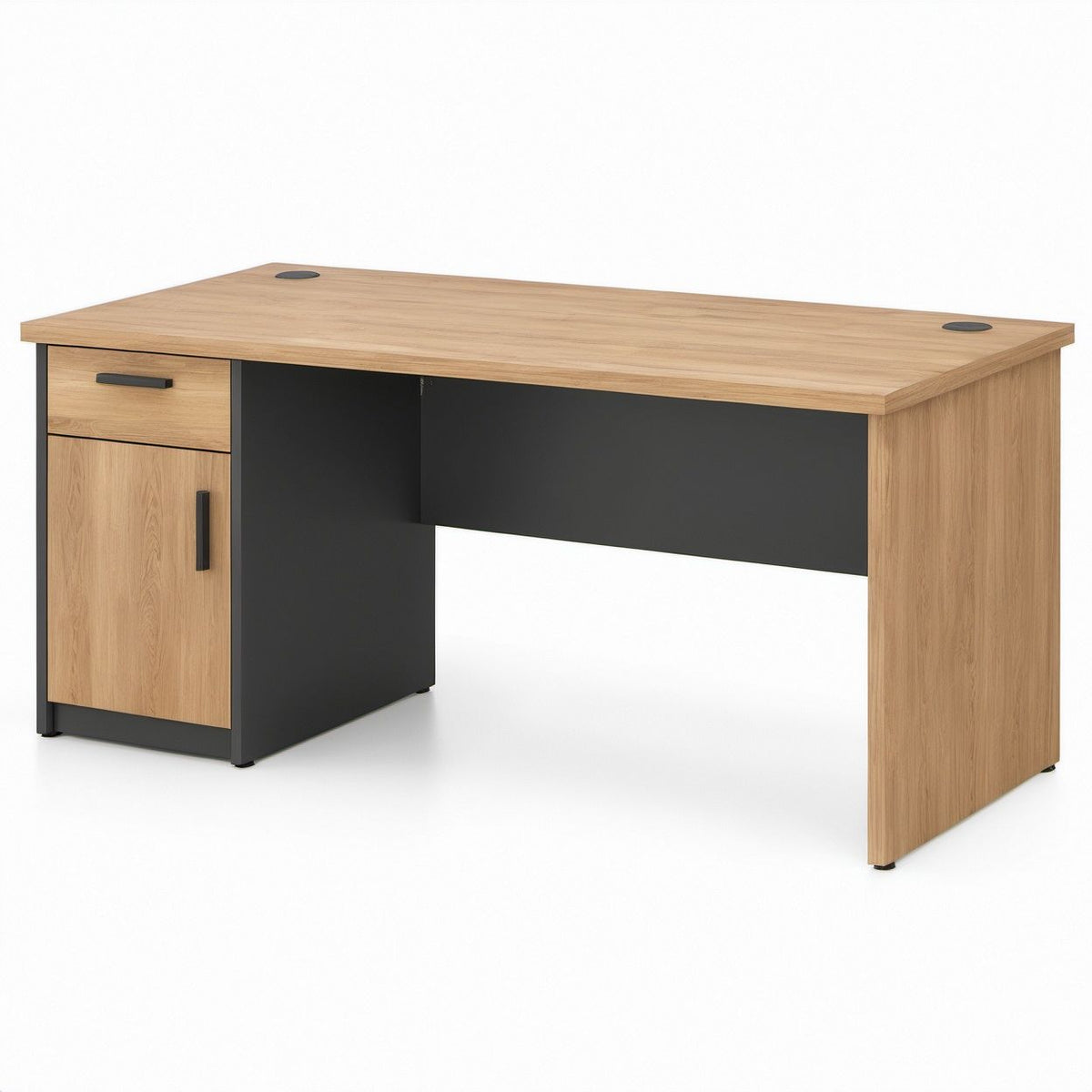 Oak and Black Rectangular Desk with Drawer and Cabinet, 47.2 x 23.6 x 29.5 in