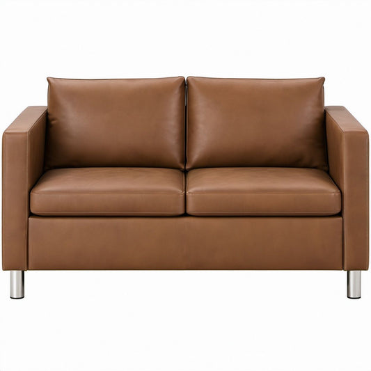 Contemporary Brown PU Leather Loveseat with Silver Stainless Steel Legs, 62 x 35 x 34 in