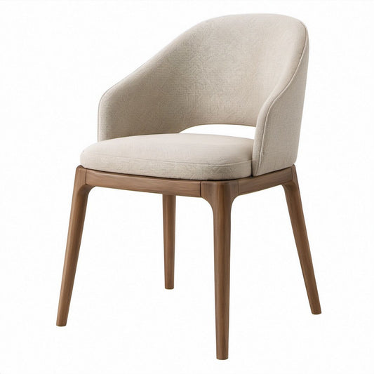Contemporary Curved Upholstered Armchair, Beige Polyester Fabric and Brown Solid Rubberwood Frame, 22.8 x 23.6 x 31.1 in