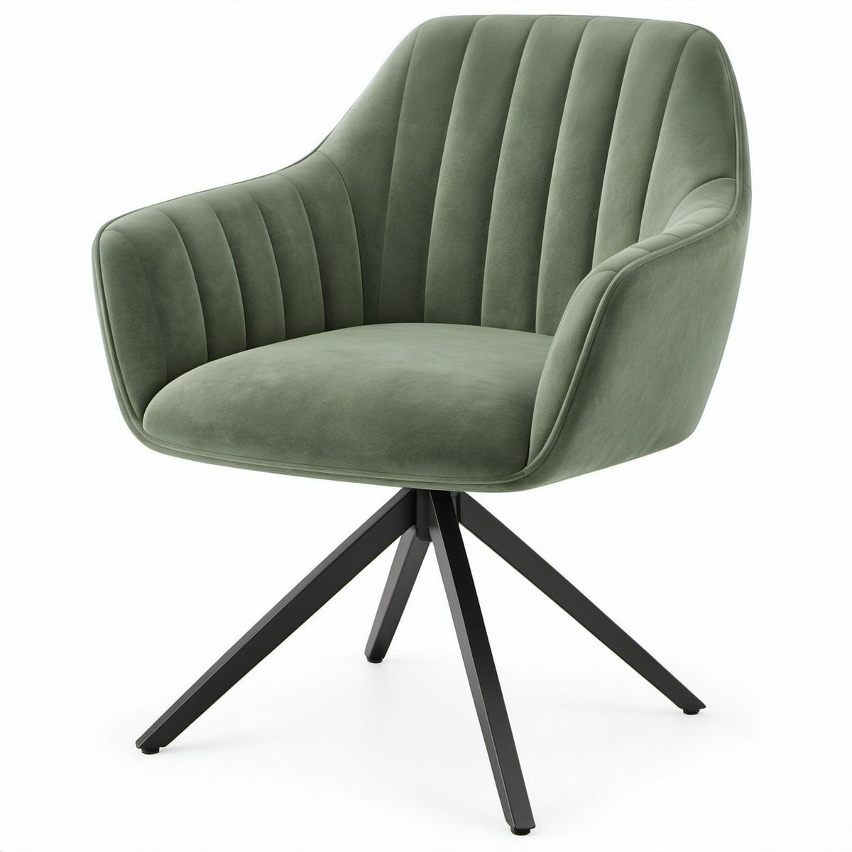 Green Velvet Upholstered Dining Armchair with Black Steel Four-Star Base, 24 x 24 x 33.1 in