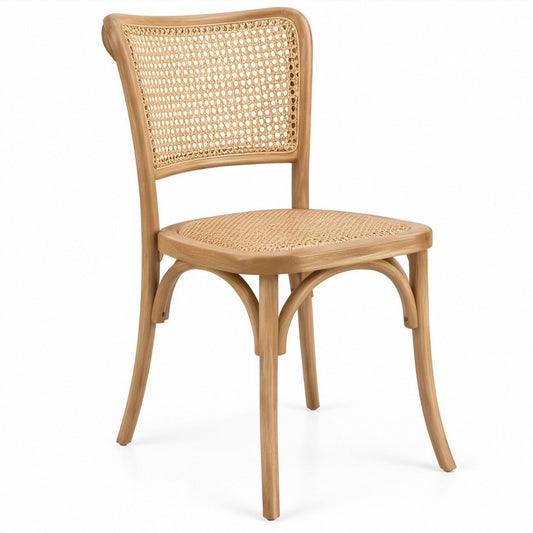 Natural Light Brown Rubberwood and Beige Rattan Cane Dining Chair, 18.5 x 21 x 34 in